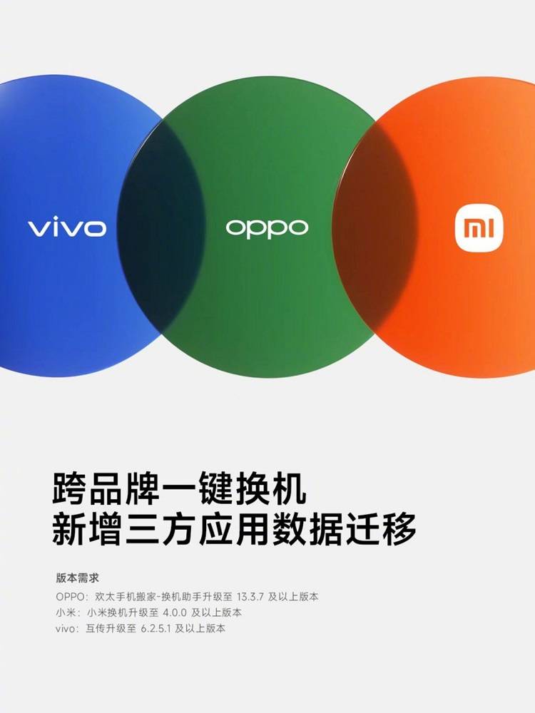 手机换机助手苹果版:小米与vivo、OPPO达成合作，换机可跨品牌迁移第三方应用数据